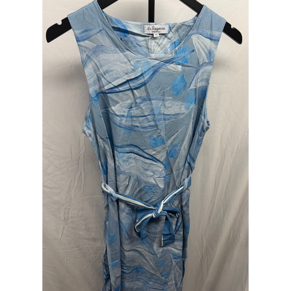 Le Ragazze Made in Italy Blue Linen Blend Abstract Leaf Midi Dress Size M - Picture 3 of 8